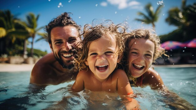 Eine Familie im Urlaub mit Kindern, die sich im Pool entspannen, aktive Erholung, glückliche Reisen, generative KI