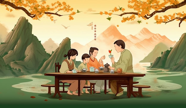 Eine Familie isst an einem Tisch vor Bergen und Bergen.