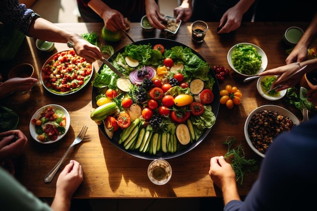 Eine Familie isst eine Mahlzeit mit Gemüse, darunter Gemüse, Tomaten und Gurken.