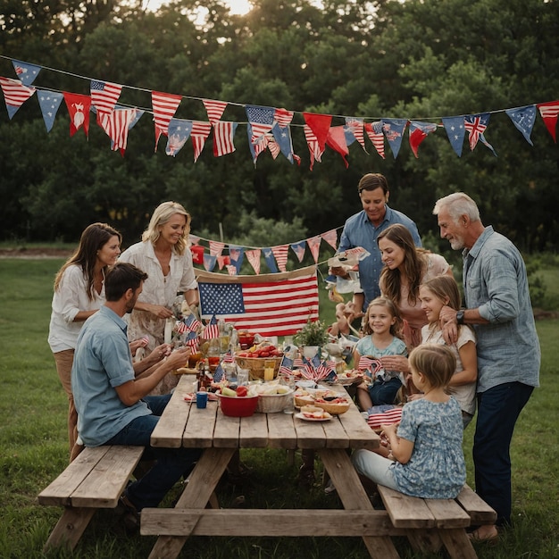 eine Familie ist um einen Picknicktisch herum versammelt, an dem eine Flagge hängt