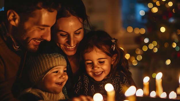 Eine Familie ist um einen Tisch gesammelt, lächelt und lacht, der Tisch ist mit Kerzen geschmückt, im Hintergrund ist ein Weihnachtsbaum.