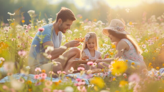 Eine Familie macht ein Picknick auf einem Feld mit Blumen AIG41