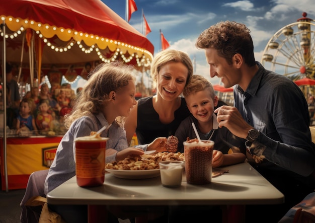 Eine Familie macht eine Pause und genießt Snacks auf dem Karneval