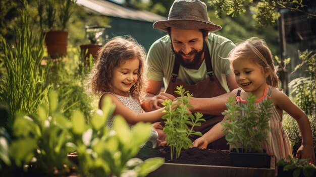 Foto eine familie mit kindern kümmert sich um pflanzen in ihrem garten