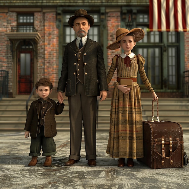 Foto eine familie posiert für ein foto mit einem mann und einer frau, die einen koffer halten