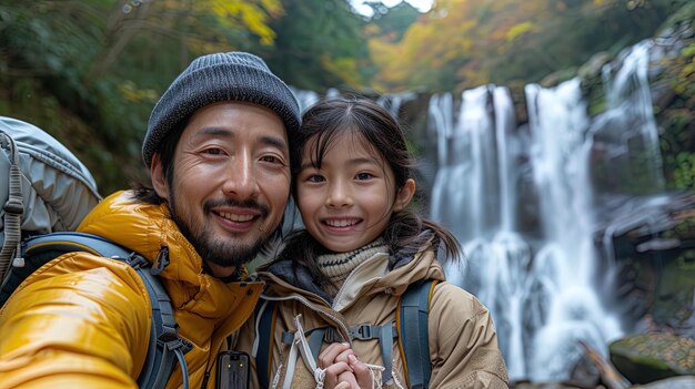 Eine Familie posiert für ein Selfie vor einem atemberaubenden Wasserfall, ihre Gesichter leuchten vor Aufregung auf