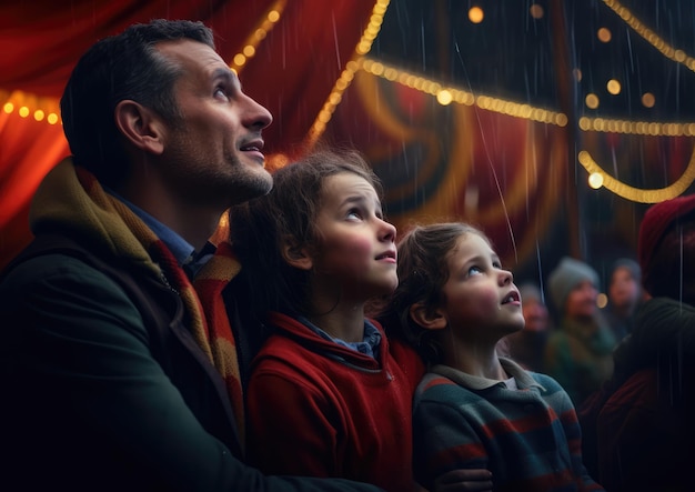 Eine Familie schaut sich auf einem Jahrmarkt eine Zaubershow an