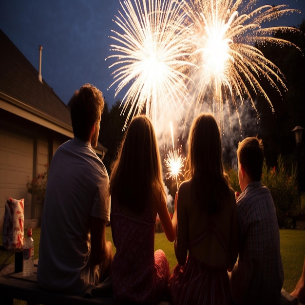 Eine Familie schaut sich ein Feuerwerk an, im Hintergrund steht eine Dose Limonade.