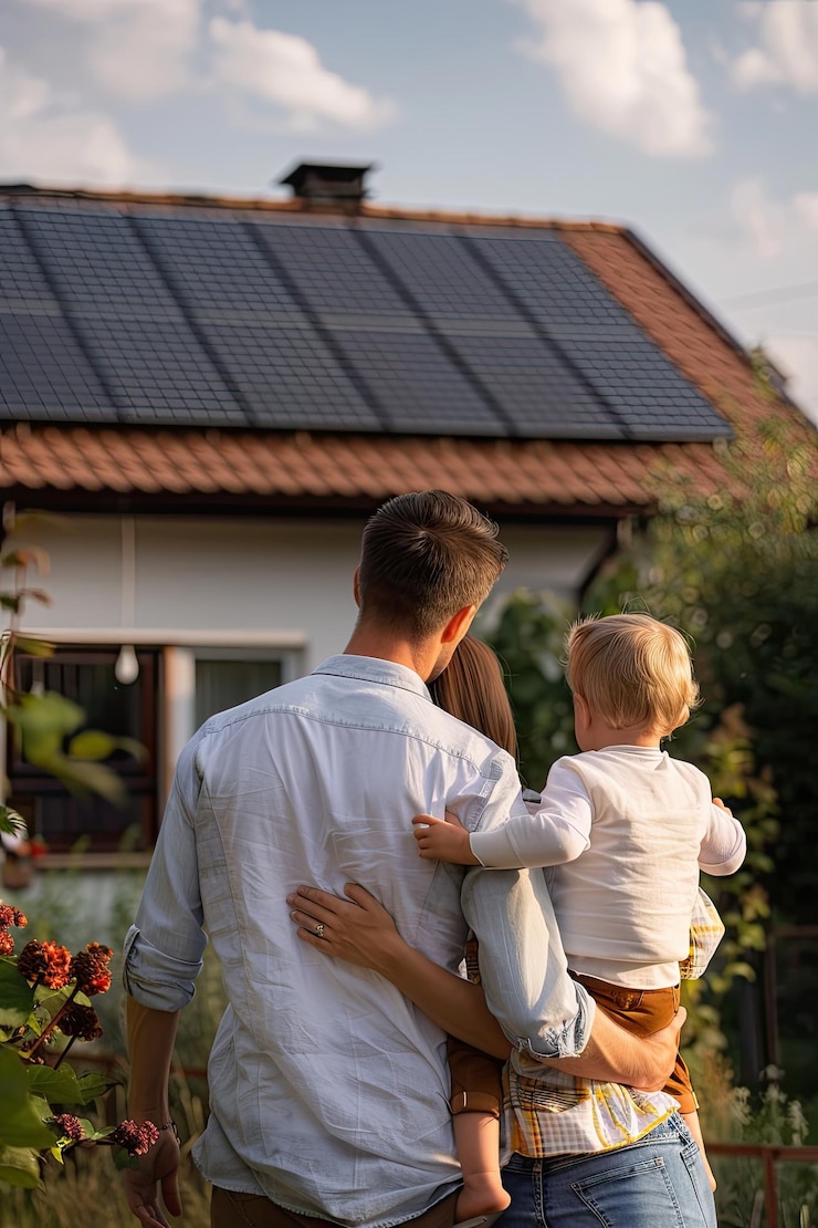 eine Familie schaut sich ein Haus mit Solarpanelen an, der selektiv fokussiert ist
