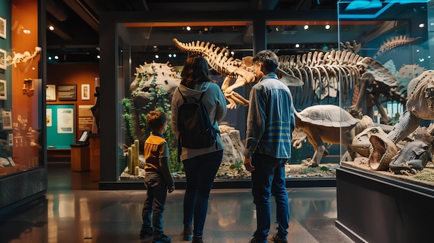 Foto eine familie schaut sich in einem museum dinosaurier-skelette an. der junge zeigt auf eines der skelette