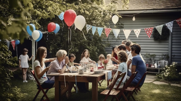 Eine Familie sitzt an einem Tisch in einem Hinterhof, von der Decke hängen Fahnen.