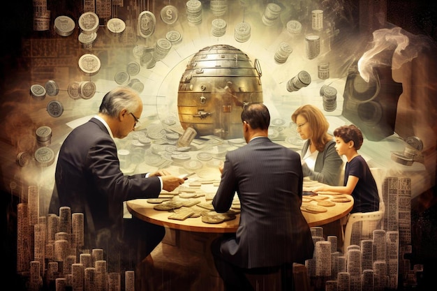 Eine Familie sitzt an einem Tisch mit einem großen Globus im Hintergrund.