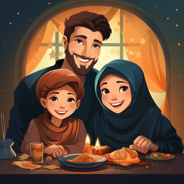 eine Familie sitzt an einem Tisch mit einem Mann und einer Frau, die lächeln und lächeln