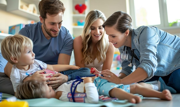 Foto eine familie sitzt auf dem boden und das baby schaut in die kamera