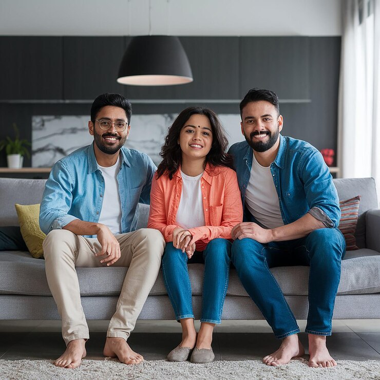 eine Familie sitzt auf einer Couch mit bunten Kissen