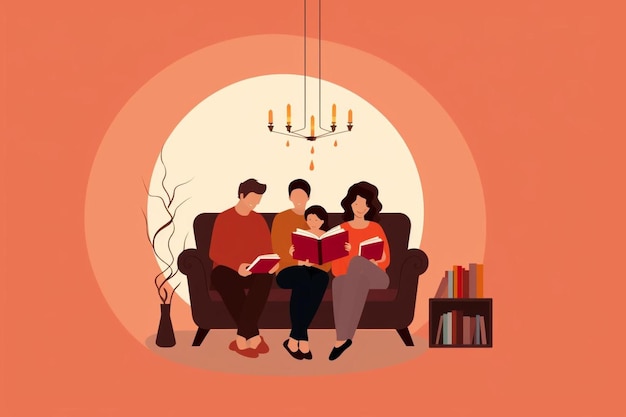 Eine Familie sitzt auf einer Couch und liest ein Buch.