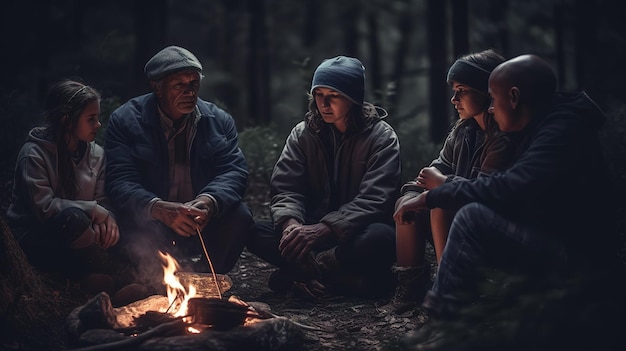 Eine Familie sitzt im Dunkeln um ein Lagerfeuer, umgeben von Bäumen und den Worten „das Wort“ Feuer „