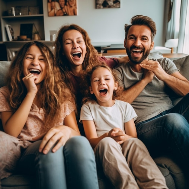 Eine Familie sitzt lachend und lachend auf einer Couch.