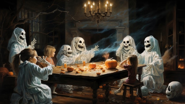 Eine Familie sitzt mit einem Kürbis an einem Tisch und die Kinder im Hintergrund tragen Masken.