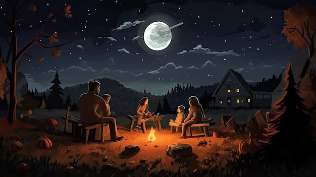 Eine Familie sitzt nachts am Lagerfeuer.