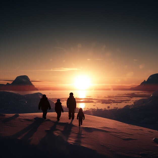 Eine Familie spaziert bei Sonnenuntergang auf einem verschneiten Berg.