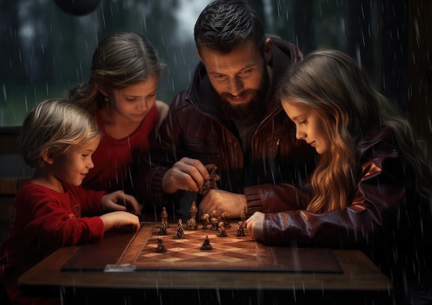 Foto eine familie spielt an einem regnerischen tag gemeinsam brettspiele