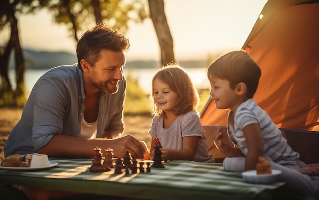 Eine Familie spielt gemeinsam Schach