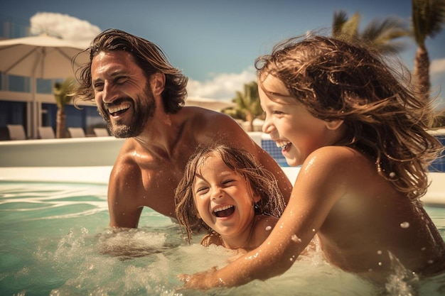 Eine Familie spielt im Whirlpool am Strand.