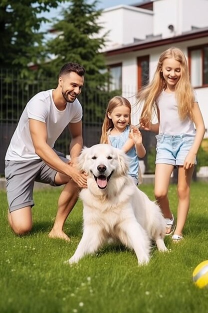 Eine Familie spielt mit einem Hund im Garten