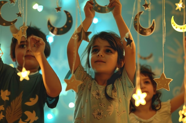 Eine Familie und Kinder dekorieren ihr Zuhause mit Halbmond, Sternen und Banner für den Ramadan