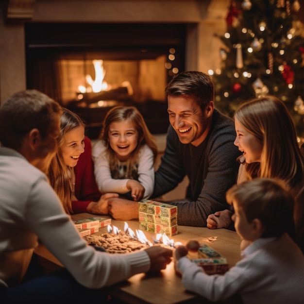 Eine Familie versammelt sich am Weihnachtstag um einen Kamin und genießt die Gesellschaft der anderen