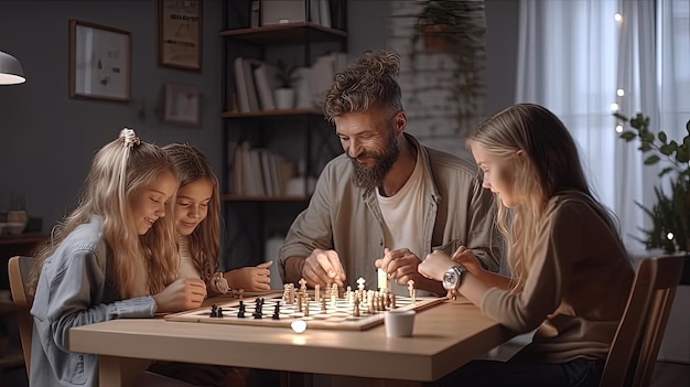 Eine Familie versammelt sich an einem Tisch, spielt Brettspiele und genießt die Gesellschaft des anderen und schafft Erinnerungen, die ein Leben lang anhalten. Generiert durch KI