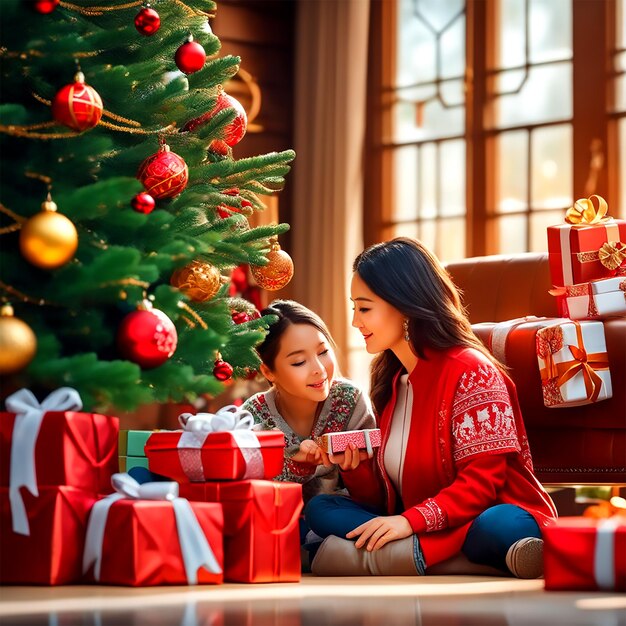 Eine Familie versammelt sich um den Weihnachtsbaum und öffnet Geschenke