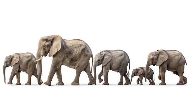 Eine Familie von Elefanten, die in einer Reihe auf einem weißen Hintergrund, der Einheit und Schutz symbolisiert, getrennt laufen