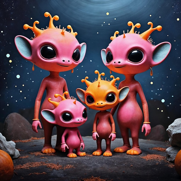 Eine Familie von entzückenden rosa und orangefarbenen Außerirdischen unter einem sternenreichen Himmel