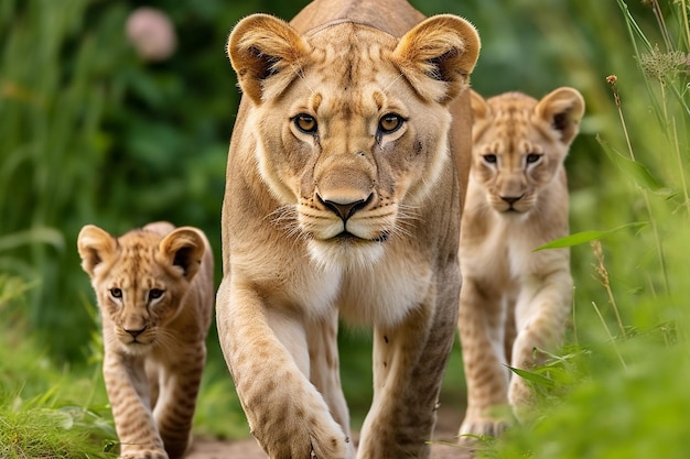 eine Familie von Löwen geht im Gras spazieren