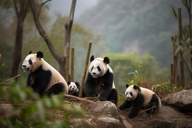 Eine Familie von Pandas, die in einem Bambuswald spielen, erzeugt Ai