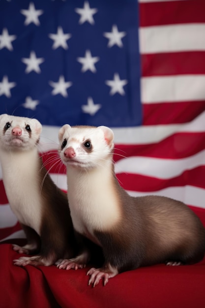 Eine Familie von uns patriotischen Frettchen sitzt auf dem generativen KI-Bild der amerikanischen Flagge