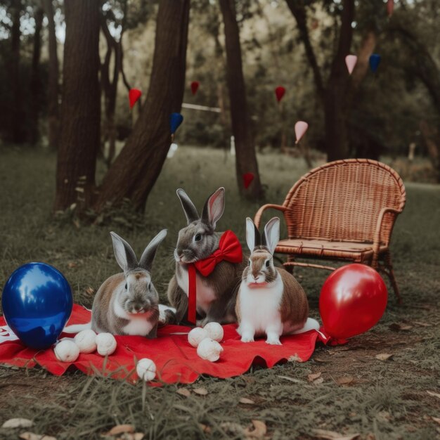 Eine Familie von uns patriotischen Kaninchen, die den Unabhängigkeitstag beim Picknick feiern. Generatives KI-Bild