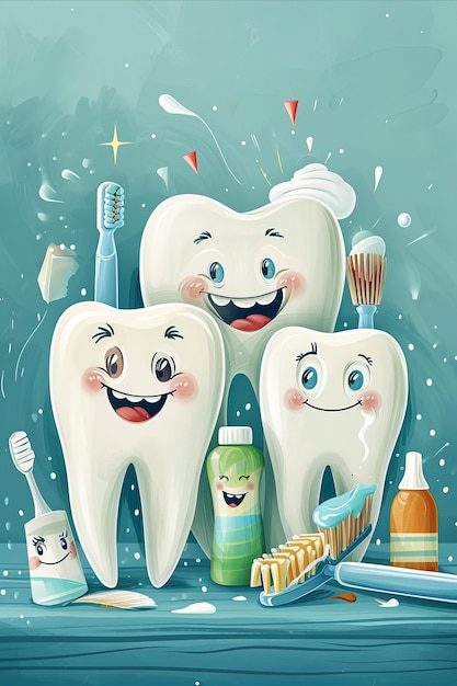 Eine Familie von Zeichentrickfiguren mit leuchtenden Lächeln, die jeweils verschiedene Zahnpflegegewohnheiten darstellen