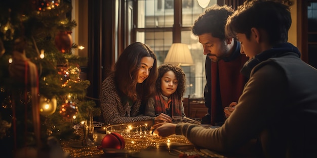 Eine Familie zündet Lichter an einem Weihnachtsbaum an. Generative KI