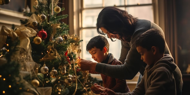 Eine Familie zündet Lichter an einem Weihnachtsbaum an. Generative KI