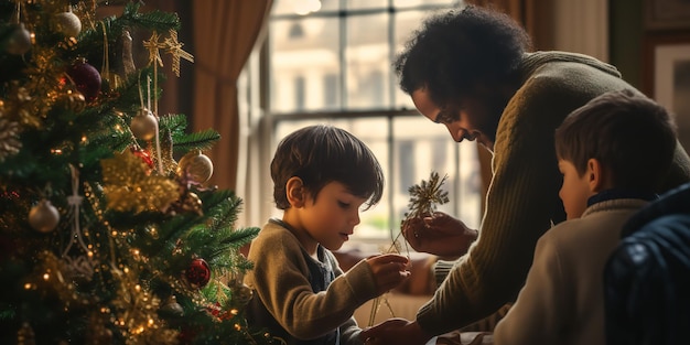 Eine Familie zündet Lichter an einem Weihnachtsbaum an. Generative KI