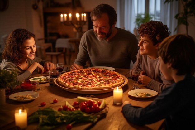 Eine Familiendinner-Szene, in der eine Fleischpizza serviert wird