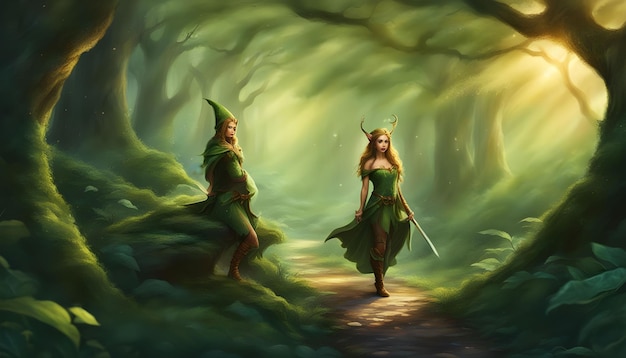 Eine Fantasie-Illustration eines Elfen in einem magischen Wald