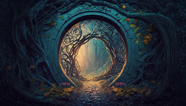Eine Fantasieszene mit einem Baum links und einem Tunnel rechts.