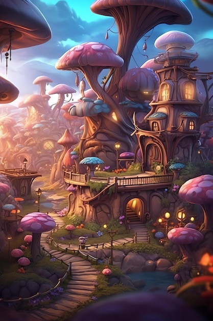 Eine Fantasiewelt mit einem Pilzhaus und einem Pilzhaus.