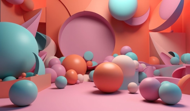 Eine farbenfrohe 3D-Illustration eines rosa und orangefarbenen Hintergrunds mit einem Haufen Bälle