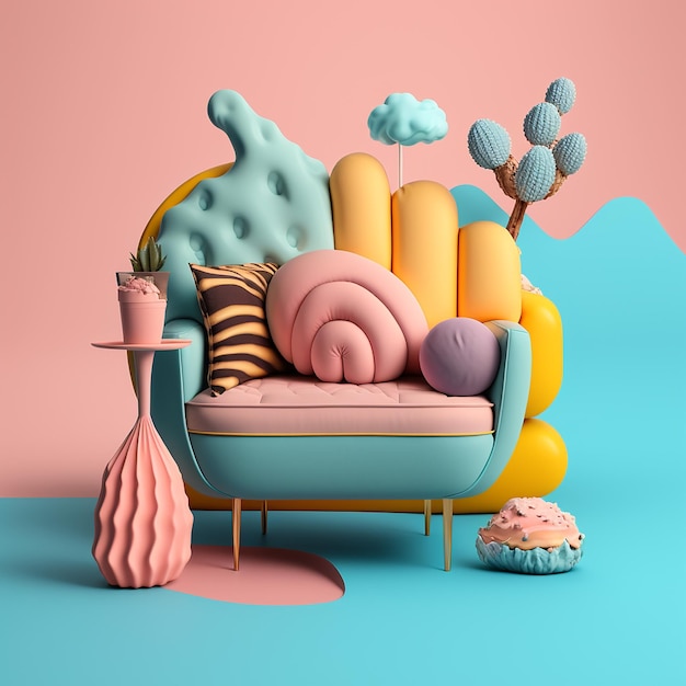 Eine farbenfrohe 3D-Illustration eines Sofas mit rosa und blauem Hintergrund.