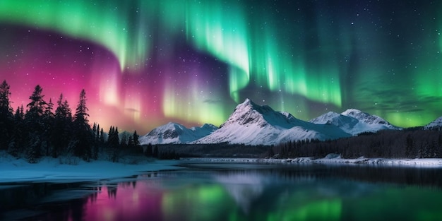 eine farbenfrohe Aurora leuchtet über einer Gebirgskette und einem See